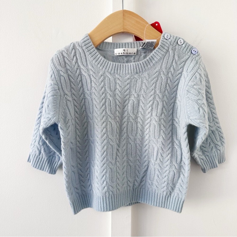 QI CASHMERE blue cable knit cashmere sweater